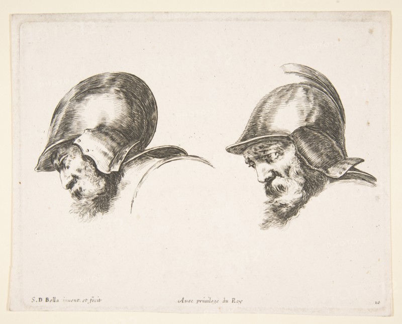 Plate 10: two heads of old soldiers wearing helmets, both facing left and looking down..., ca. 1641. Creator: Stefano della Bella.