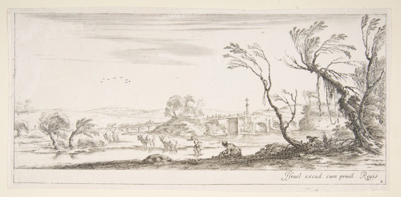 Plate 2: a peasant woman removing her shoes in center, another peasant woman and two c..., ca. 1641. Creator: Stefano della Bella.