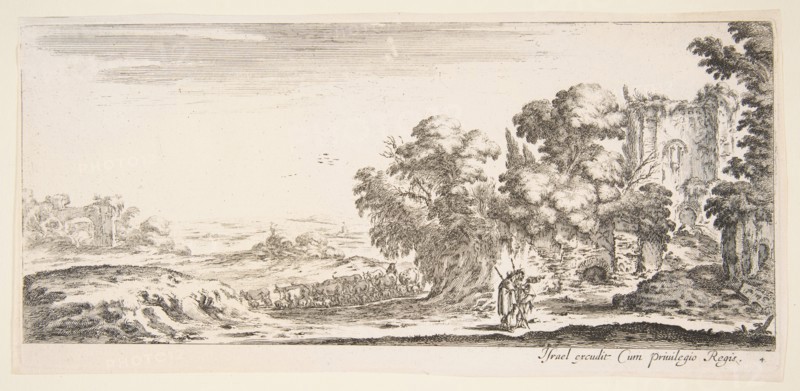 Plate 4: two pilgrims observing ruins to right, one pointing towards the right, a shep..., ca. 1641. Creator: Stefano della Bella.