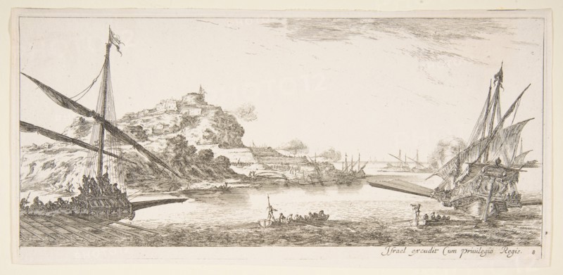 Plate 8: A the bow of a galley at left and another galley at right, seen from behind..., ca. 1641. Creator: Stefano della Bella.