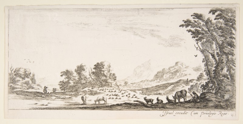 Plate 11: shepherdess seated to the right under a tree, watching her flock to the left..., ca. 1641. Creator: Stefano della Bella.