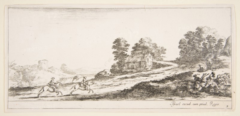 Plate 9: two horsemen at left galloping uphill towards the right, a horse and seated m..., ca. 1641. Creator: Stefano della Bella.