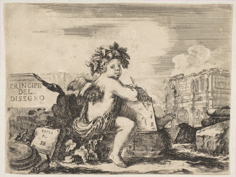 Plate 1: the genius of drawing, a child with wings, seated on a rock in center turn..., ca. 1641-43. Creator: Stefano della Bella.