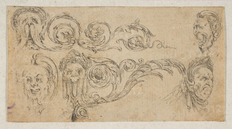 Plate 4: five grotesque heads, from 'Friezes, foliage, and grotesques'