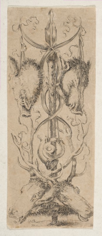 Hunting Trophy with Stag Heads at Bottom, ca. 1653. Creator: Stefano della Bella.
