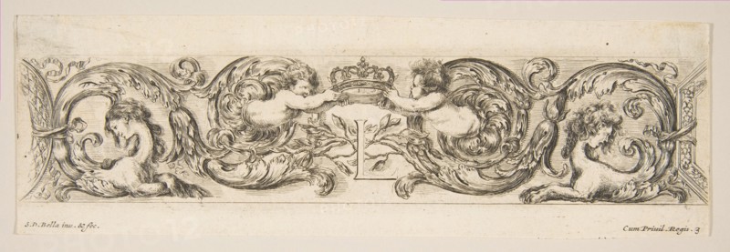 Rinceaux with Two Children Holding a Royal Crown Over the Letter "L," Plate 3 from: 'D..., ca. 1648. Creator: Stefano della Bella.