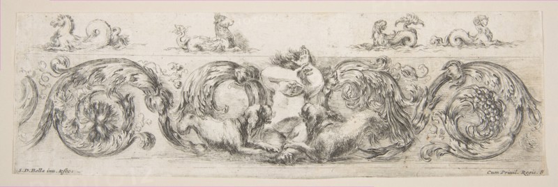 Rinceaux with Child Frightened by Dogs, Plate 8 from: 'Decorative friezes and foliage'..., ca. 1648. Creator: Stefano della Bella.