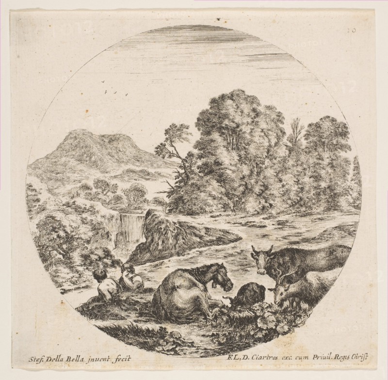 Plate 10: a horse lying down at center, a cow and two goats at right, two seated sheph..., ca. 1646. Creator: Stefano della Bella.