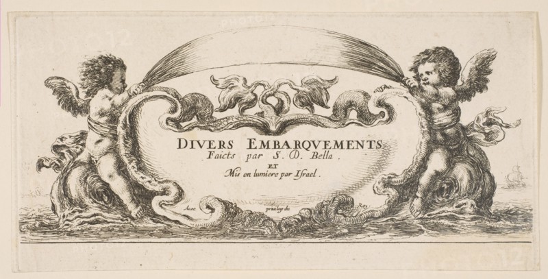 Frontispiece: cartouche at center, putti on either side riding on dolphins, from 'V..., ca. 1646-47. Creator: Stefano della Bella.