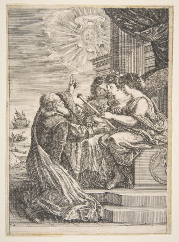 Galileo and personifications of Astronomy, Perspective and Mathematics, frontispiece for '..., 1656. Creator: Stefano della Bella.