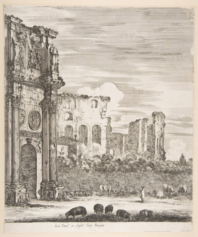 Arch of Constantine and Colosseum with sheep grazing in foreground, from 'Six large views..., 1656. Creator: Stefano della Bella.