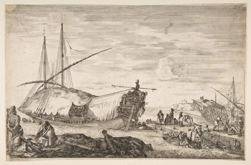 A galley covered in sails to left, six cannons and four people to left in foreground, one ..., 1655. Creator: Stefano della Bella.
