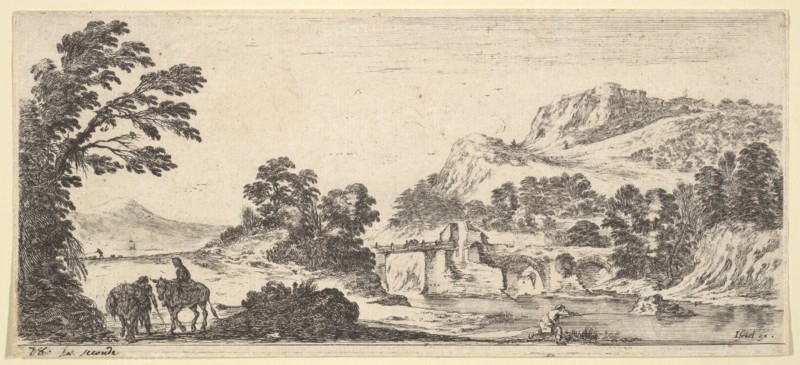 A mule carrying a woman and a peasant walking with a mule to left, a fisherman to righ..., ca. 1641. Creator: Stefano della Bella.