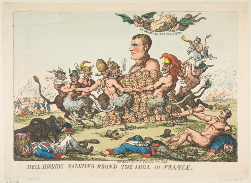 Hell Hounds Rallying Round the Idol of France, April 8, 1815. Creator: Thomas Rowlandson.