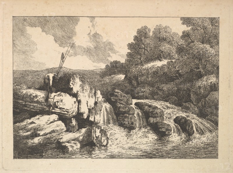 Landscape with Two Fishermen Climbing Rocks Next to a Waterfall, 1784-88. Creator: Thomas Rowlandson.