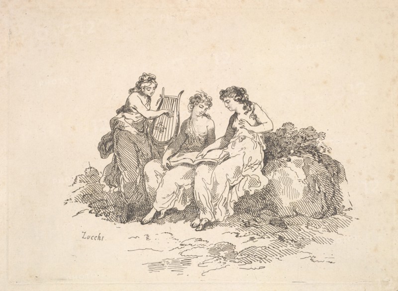 Harmony - Two Nymphs Singing, Another Playing a Lyre, 1784-88. Creator: Thomas Rowlandson.