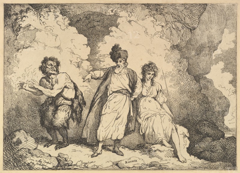 Scene from the Tempest: Caliban, Prospero and Miranda, [1783-87] reissued 1801. Creator: Thomas Rowlandson.
