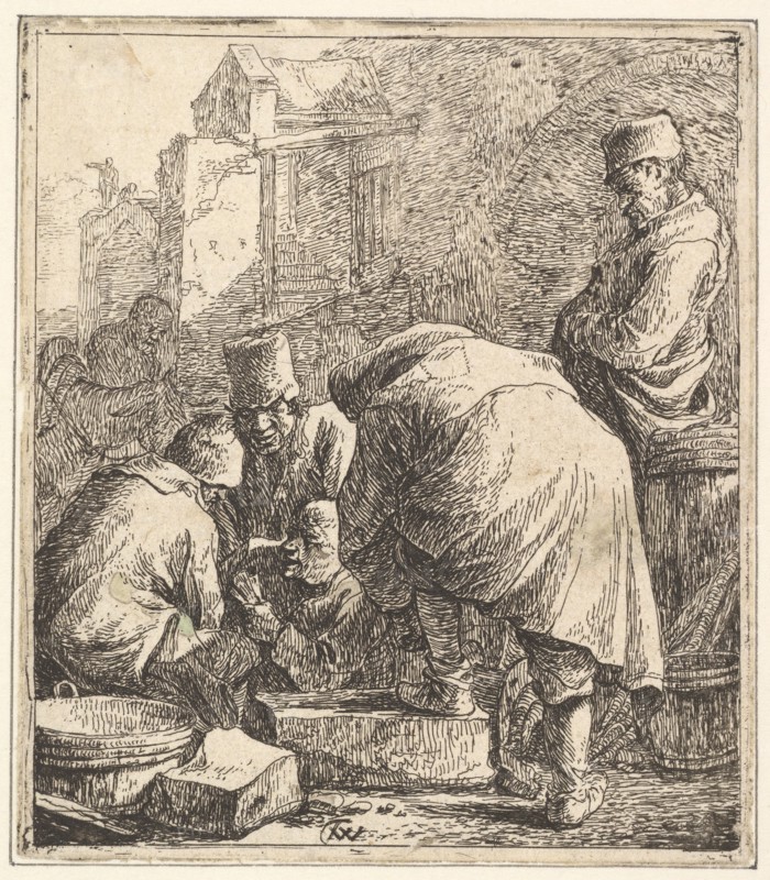 Man Adjusting His Footwear, at Left Three Men Playing Cards, 1630-77. Creator: Thomas Wijck.