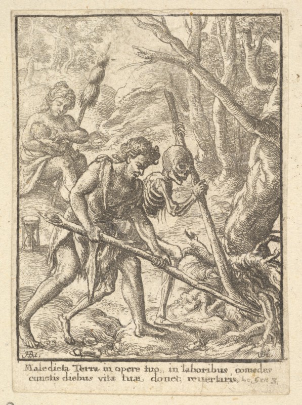 Adam Ploughing from the Dance of Death, 1651. Creator: Wenceslaus Hollar.