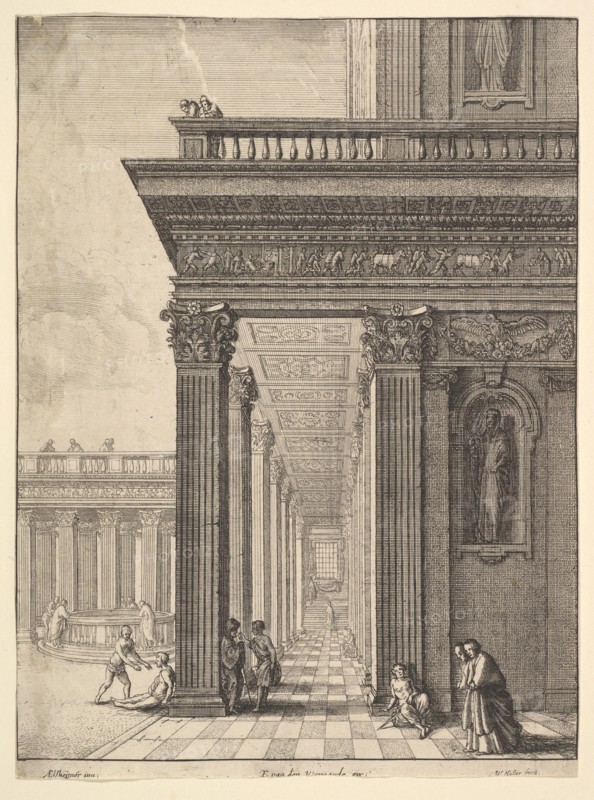 Temple courtyard with figures, after David Teniers the Elder