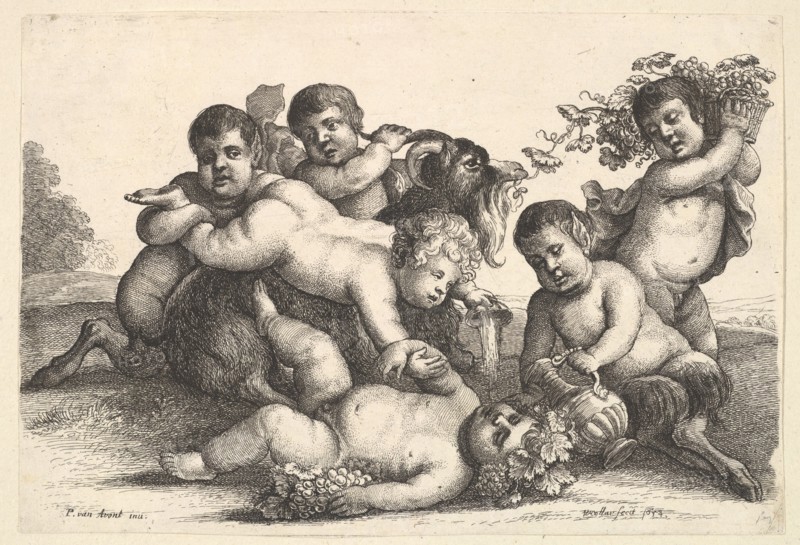 Four boys, two satyrs and a goat, 1654. Creator: Wenceslaus Hollar.
