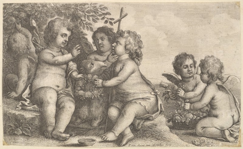 Jesus, St. John the Baptist and four cherubs, 1625-77. Creator: Wenceslaus Hollar.