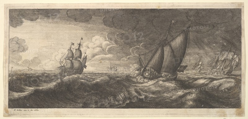 A yacht and three warships in a storm, 1665. Creator: Wenceslaus Hollar.