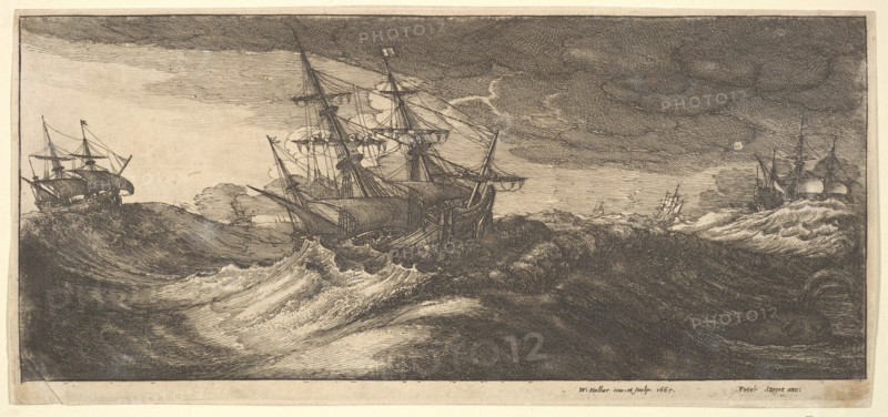 Warship and a spouting whale, 1665. Creator: Wenceslaus Hollar.