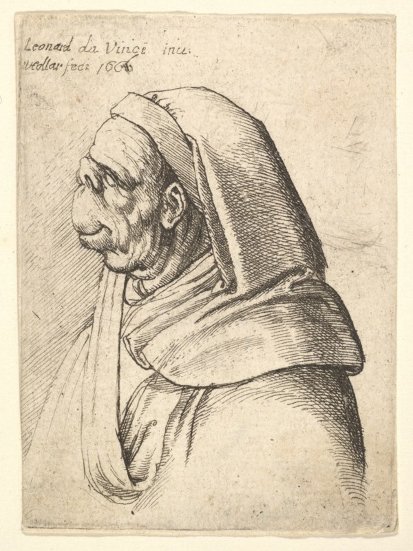 Bust of a man with a small turned-up nose and very high upper lip, wearing hood, in profil..., 1666. Creator: Wenceslaus Hollar.
