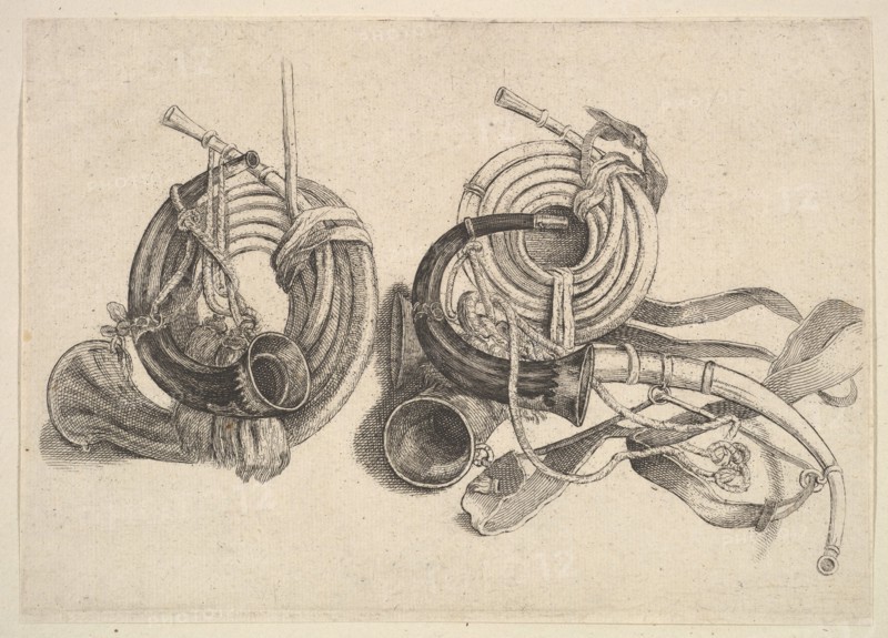 Five hunting horns, 1625-77. Creator: Wenceslaus Hollar.