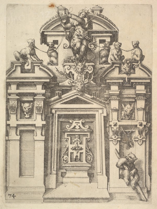 Design for an Architectural Structure with a Hunting Theme , Plate 74 from Dietterlin's Ar..., 1598. Creator: Wendel Dietterlin the Elder.