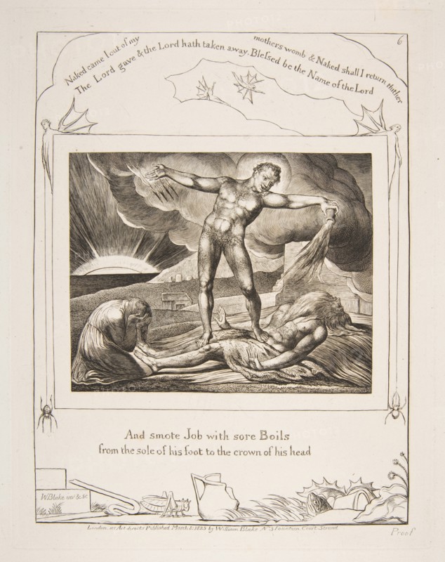 Satan Smiting Job with Boils, from Illustrations of the Book of Job, 1825-26. Creator: William Blake.