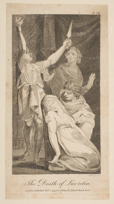The Death of Lucretia, from Allen's New and Impartial Roman History, 1797. Creator: William Blake.