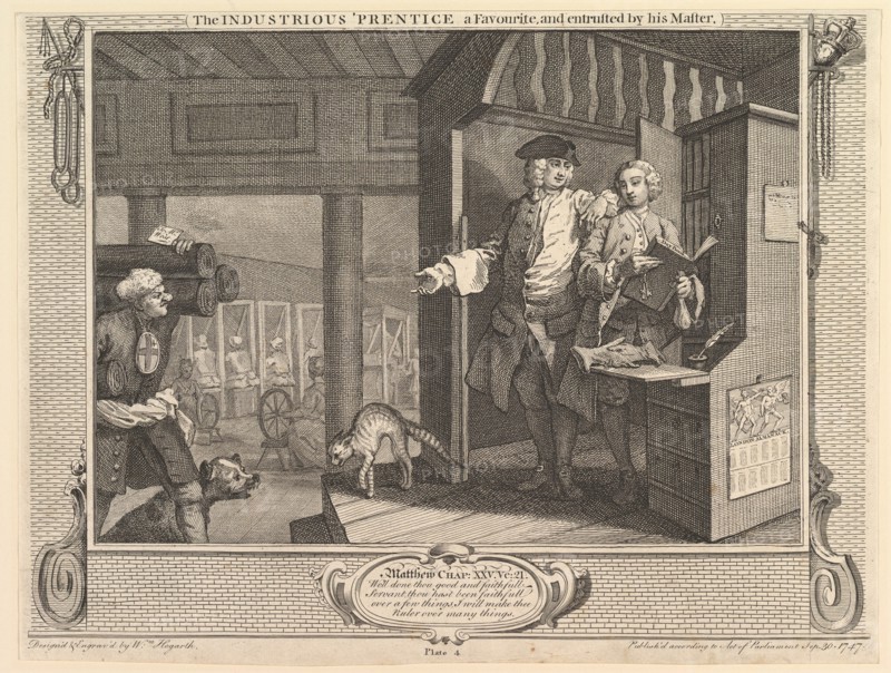 The Industrious 'Prentice a Favorite, and Entrusted by his Master: Industry ..., September 30, 1747. Creator: William Hogarth.