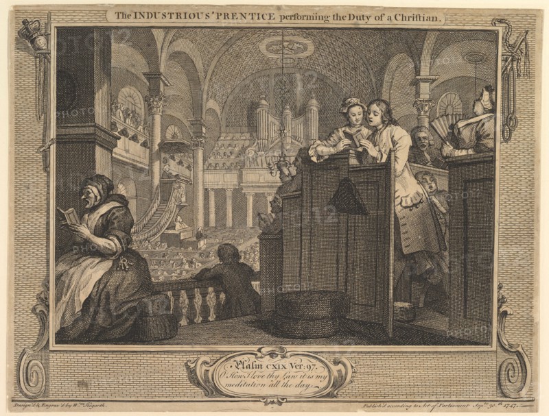 The Industrious 'Prentice Performing the Duty of a Christian: Industry and I..., September 30, 1747. Creator: William Hogarth.