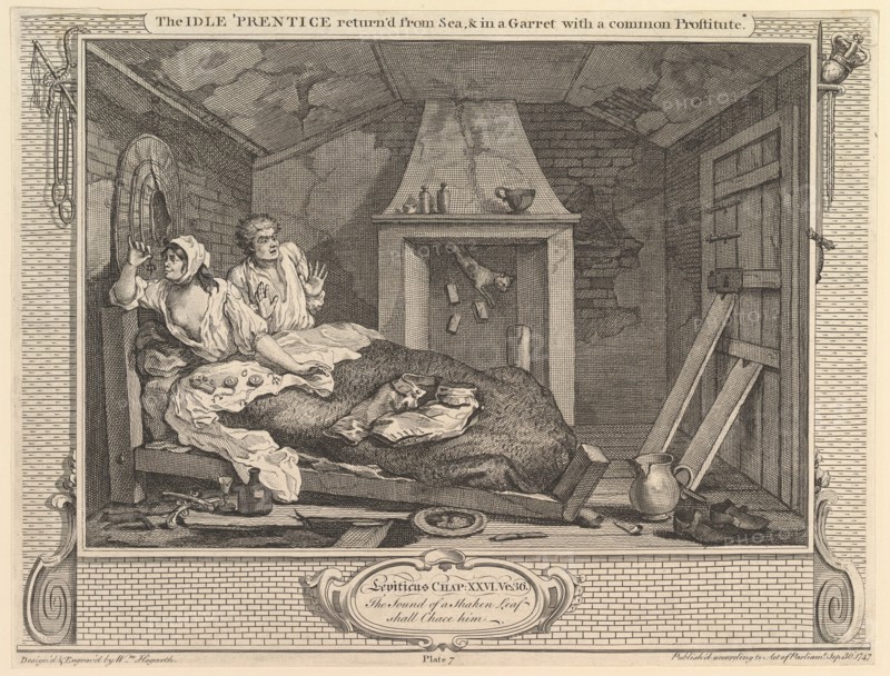 The Idle 'Prentice Returned from Sea and in a Garret with a Common Prostitut..., September 30, 1747. Creator: William Hogarth.