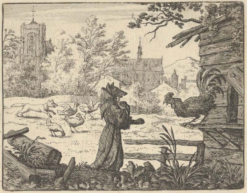Renard, Disguised as a Monk, Gains the Confidence of the Rooster. From Hendrick van Alcmar's Renard The Fox, 1650-75. Third state of four.