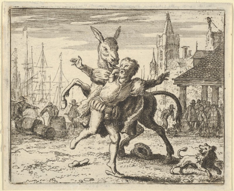 The Ass, Jealous of the Attention the Dog Is Getting From His Master, Looks to Imitate Him by Jumping at the Master's Neck. From Hendrick van Alcmar's Renard The Fox, 1650-75. Third state of four.