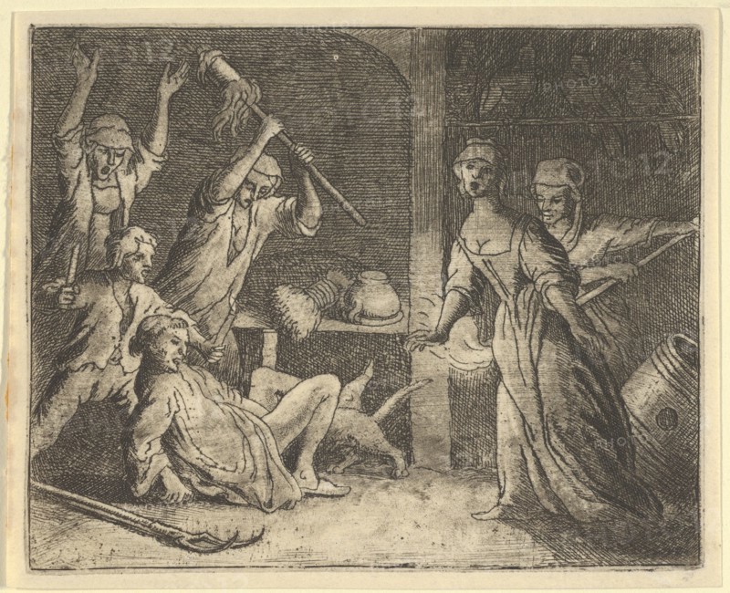 The Cat, Caught in a Snare, is Mistreated by the People from the House. From Hendrick van Alcmar's Renard The Fox, 1650-75. Fourth state of five.