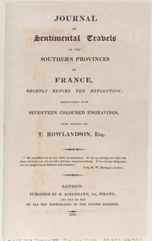 Title page, from "Journal of Sentimental Travels in the Southern Provinces of France, Shortly Before the Revolution", 1821.
