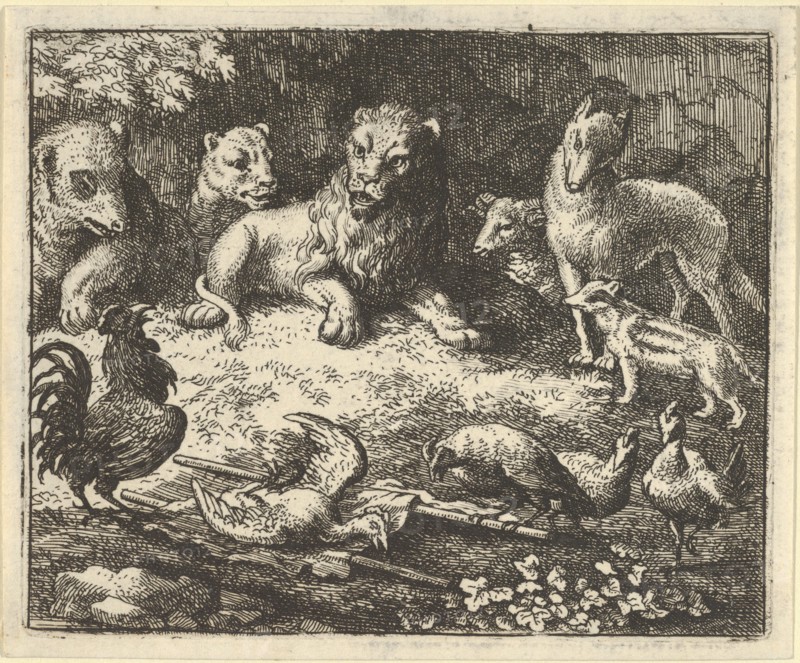 The Rooster Accuses Renard of Murdering his Chicken. From Hendrick van Alcmar's Renard The Fox