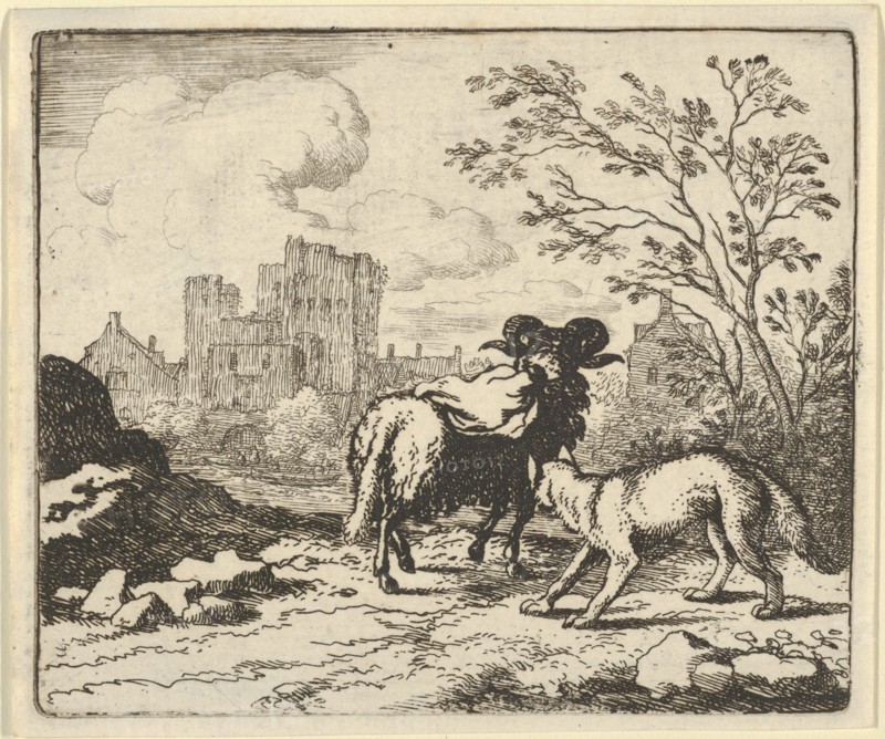 Renard Sends the Ram Back to the Lion with a Package Containing the Rabbit's Head. From Hendrick van Alcmar's Renard The Fox