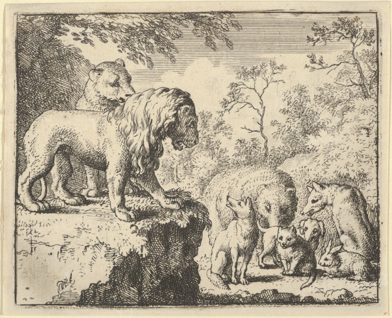 The Lion and the Lioness Pardon Renard and Order the Other Animals to Forget His Crimes. From Hendrick van Alcmar's Renard The Fox