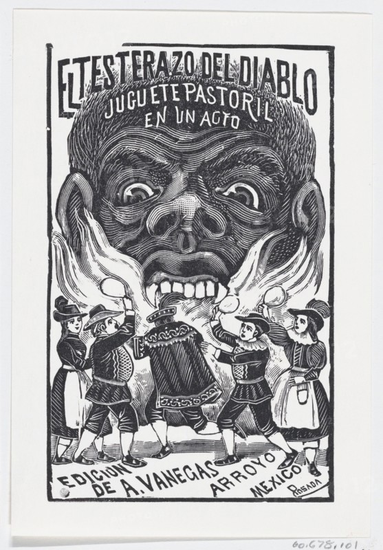 A demon breathing fire and people running around in the foreground, illustration for 'El Testerazo del Diablo,' published by Antonio Vanegas Arroyo, ca. 1880-1910.