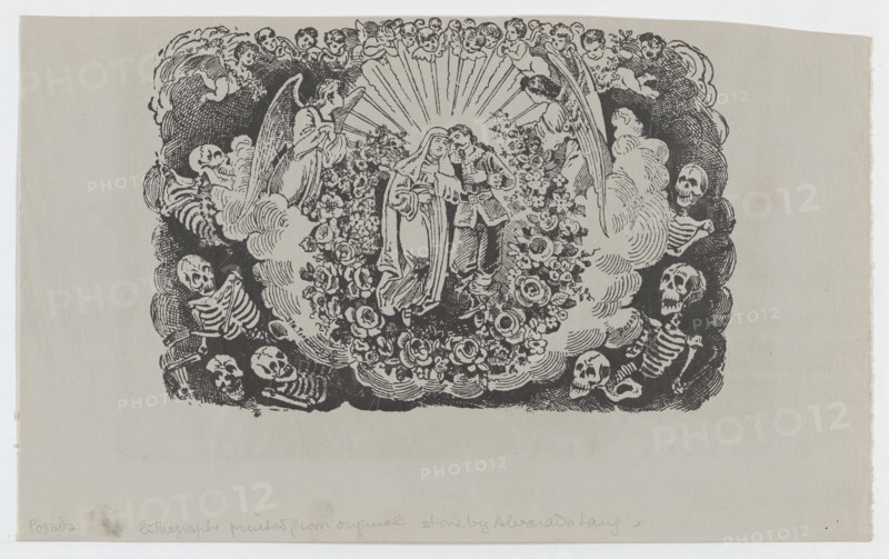 A female saint standing with a cavalier and surrounded by angels and skeletons, ca 1890-1910.
