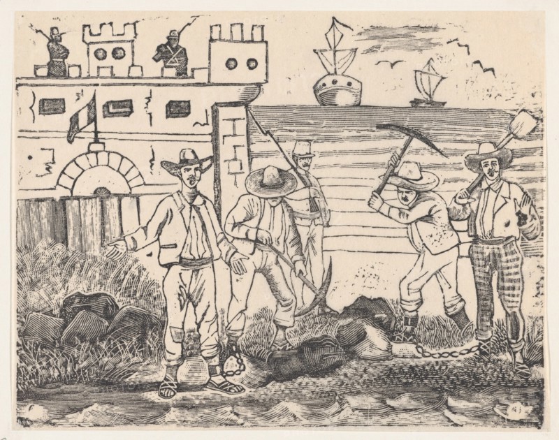 A group of prisoners performing labor by the sea, from a broadside entitled "Ultimas noticias de Gerardo Nevraumont y compañeros' [Treffel, Sousa and Caballero?], 1892.