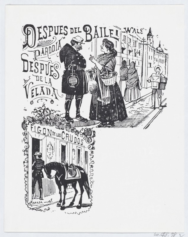 A man and woman speaking on the street, ca. 1880-1910.