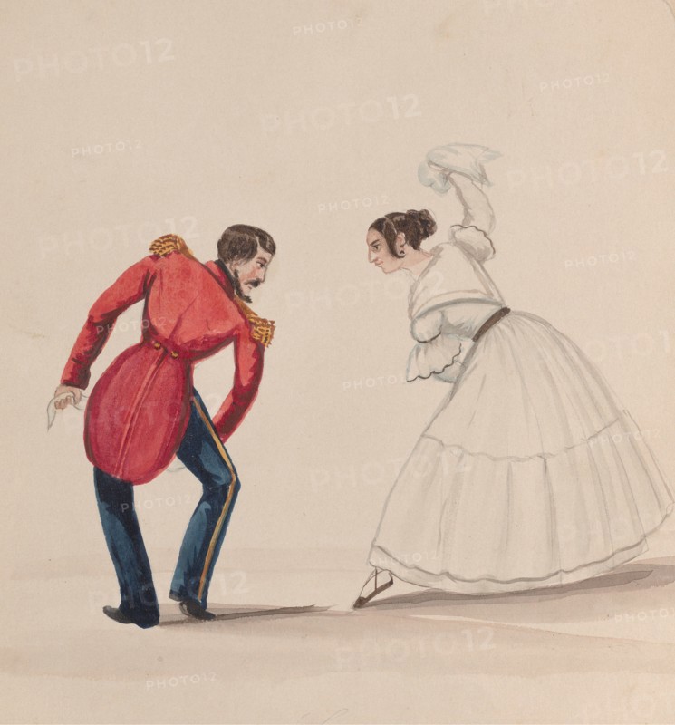 A Peruvian man and woman dancing the Zamacueca, from a group of drawings depicting Peruvian costume, ca. 1848.