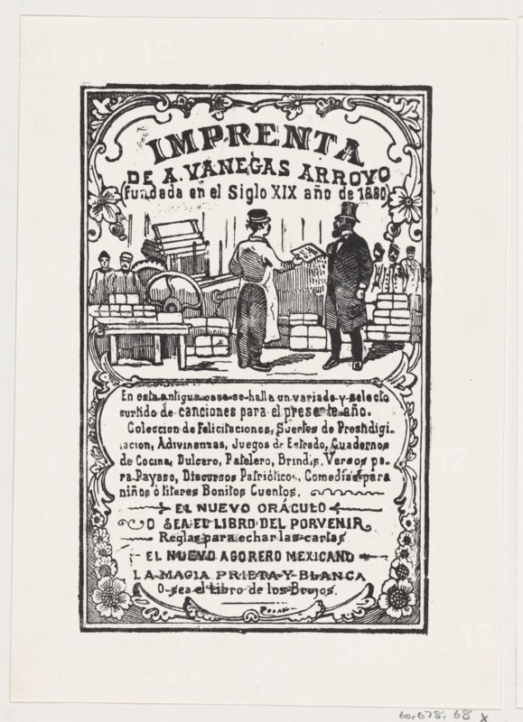 A print shop with a printer handing something to a gentleman, 'Imprenta de A. Vanegas Arroyo,' published by Antonio Vanegas Arroyo, ca. 1880-1910.
