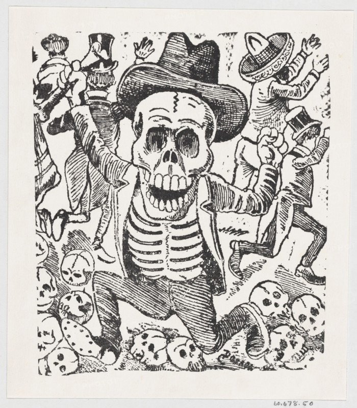 A skeleton holding a bone and leaping over a pile of skulls while people flee, from a broadside entitled 'Las bravisimas calaveras Guatemaltecas', ca. 1907.